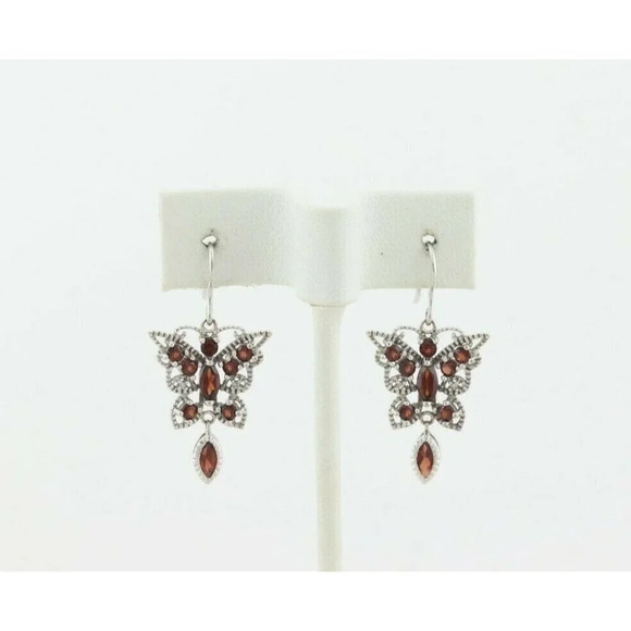 10k White Gold Natural Garnet Butterfly Earrings Dangle Drop Earrings - Picture 1 of 7